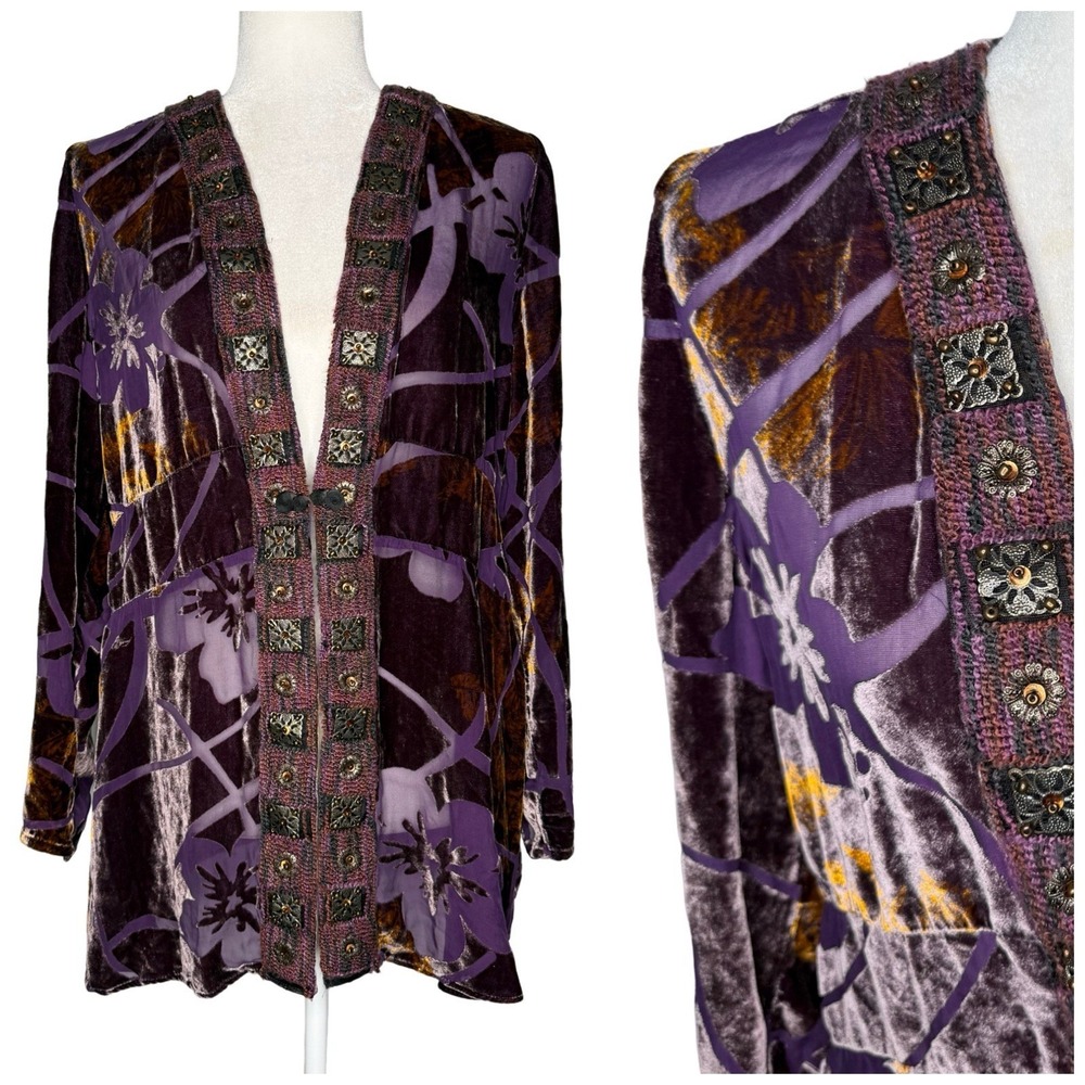 Soft Surroundings Silk Blend Velvet Burnout Floral Kimono Topper M Cardigan Top